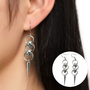 Stainless Steel Chainmail Double Skull Spiked Ring Drop Earrings Goth Punk